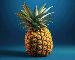 Closeup of Ripe Pineapple Fruit Isolated on Blue Color Studio Background. AI Generated photo