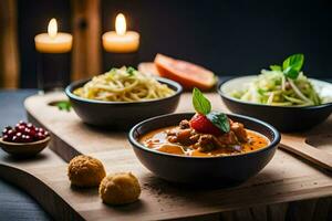 three bowls of food on a wooden table. AI-Generated photo