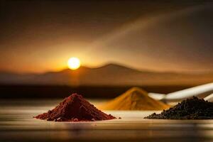 three different colored powders are shown in front of a sunset. AI-Generated photo