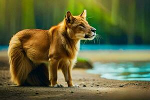 a dog standing on the beach near water. AI-Generated photo