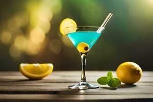 azul cóctel con limón y menta en un de madera mesa. generado por ai foto