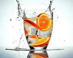 Slice of ripe orange fall into cold water with ice in a glass. Gin tonic splashing isolated on white background. AI Generated photo