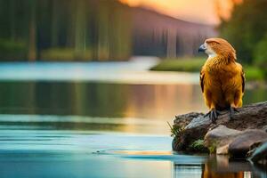 a bird sits on a rock by the water. AI-Generated photo