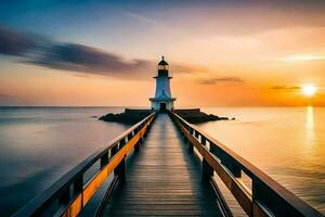 a lighthouse stands on a pier at sunset. AI-Generated photo