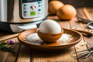 an egg in a bowl next to an instant pot. AI-Generated photo
