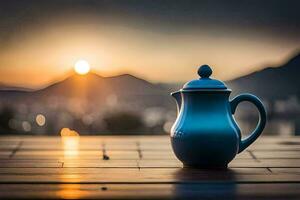 a blue teapot sits on a wooden table in front of a sunset. AI-Generated photo