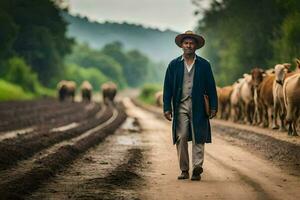 un hombre en un sombrero y Saco caminando abajo un suciedad la carretera con ganado. generado por ai foto