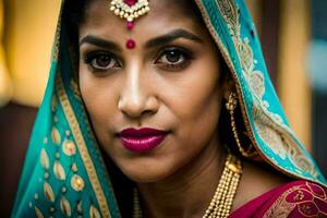 a beautiful indian woman wearing a traditional sari. AI-Generated photo