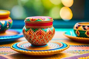 colorful pottery on a table with a colorful background. AI-Generated photo