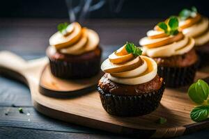 cupcakes with cream frosting on a wooden cutting board. AI-Generated photo