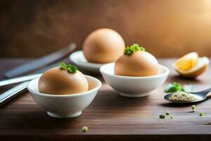 three eggs in white bowls with parsley on top. AI-Generated photo
