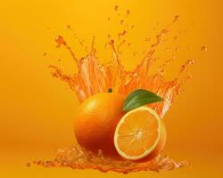 Whole and slices of oranges. Orange fruit with juice splash isolated on orange background. AI Generated photo