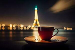 el eiffel torre, París, Francia, noche, café, taza, sá. generado por ai foto