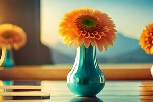 three orange flowers in a blue vase on a table. AI-Generated photo