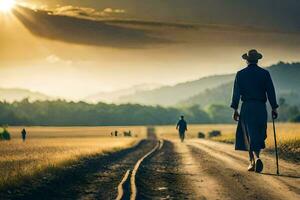 a man walking down a dirt road with a cane. AI-Generated photo