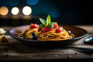 spaghetti with berries and cheese on a wooden table. AI-Generated photo