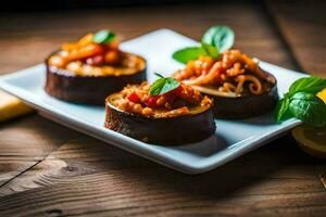 three small stuffed eggplant on a white plate. AI-Generated photo