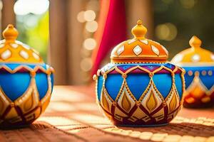 three colorful jars with designs on them. AI-Generated photo