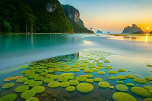 the sun rises over the water and green lily pads. AI-Generated photo
