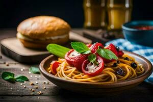 spaghetti with tomatoes and basil on a wooden table. AI-Generated photo