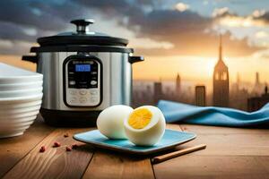 instant pot and eggs on a table. AI-Generated photo