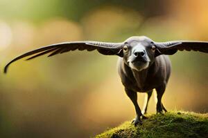 a black goat with wings spread out on top of a mossy hill. AI-Generated photo