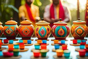 colorful pots and candles are arranged on a table. AI-Generated photo