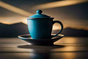 a blue cup sits on a saucer in front of a mountain. AI-Generated photo