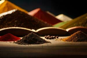a variety of spices are arranged on a table. AI-Generated photo