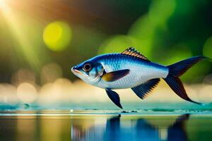 un pescado es en pie en el agua con luz de sol brillante. generado por ai foto