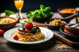 un mesa con comida y bebidas en él. generado por ai foto