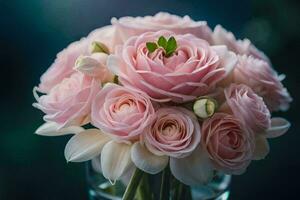 a bouquet of pink roses in a glass vase. AI-Generated photo