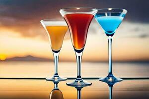 three glasses of different colored drinks on a table. AI-Generated photo