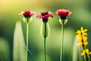 Tres rojo flores en el medio de un campo. generado por ai foto