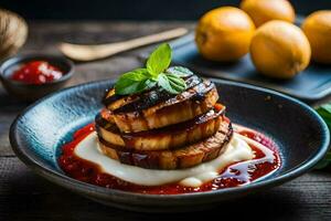 grilled eggplant with sauce and lemon slices. AI-Generated photo