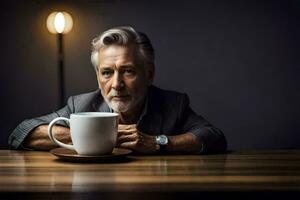 an older man sitting at a table with a coffee cup. AI-Generated photo