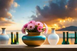 flowers in a vase on a table with a sunset in the background. AI-Generated photo