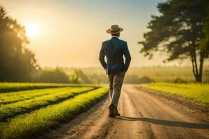 a man in a hat and suit walking down a dirt road. AI-Generated photo