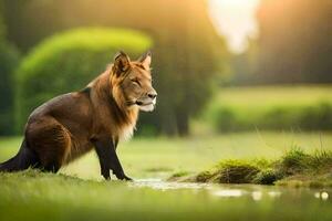 a fox standing in the grass near a pond. AI-Generated photo