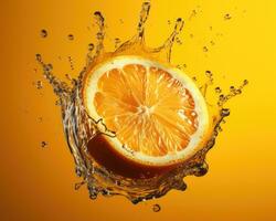 Slice of fresh orange with a splash of water isolated on the studio background. Concept of product package design element. AI Generated photo