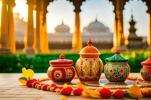 three colorful pots sit on a table in front of a building. AI-Generated photo