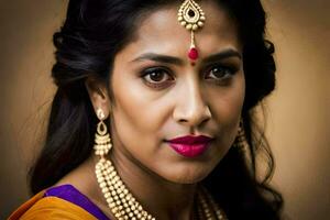 a beautiful indian woman wearing a sari and jewelry. AI-Generated photo