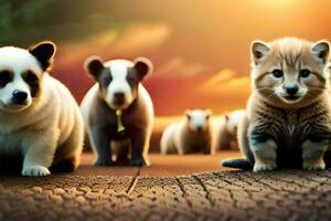 un grupo de pequeño animales en pie en un de madera piso. generado por ai foto