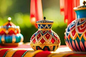 colorful vases on a table with a red background. AI-Generated photo