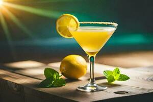 a cocktail with lemon and mint on a wooden table. AI-Generated photo