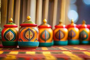 colorful painted pots on a table. AI-Generated photo