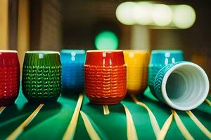 vistoso tazas en un verde mesa. generado por ai foto