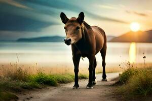 un caballo es caminando a lo largo un camino cerca el agua. generado por ai foto