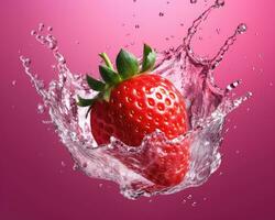 strawberry falling from air with water. Closeup of single ripe strawberry with water splash isolated on pink background. Product package design concept. AI Generated photo