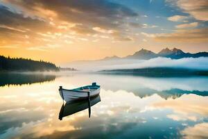 un barco se sienta en el calma agua a amanecer. generado por ai foto